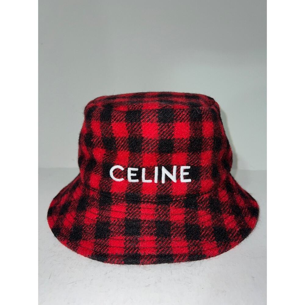 Celine Paris Black Red Checkered Check Wool White Logo Sun Fall Bucket Hat M - Picture 2 of 10